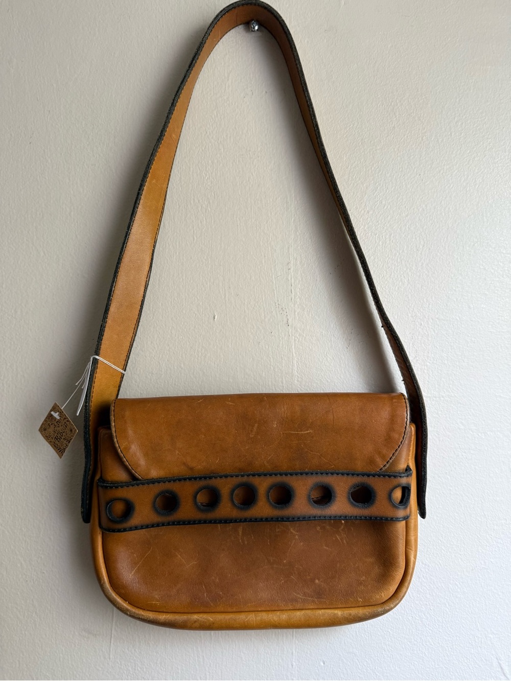 Vintage Brown Leather Shoulder Bag Cutout Boho 70s Mod Purse